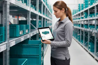 Kvinna använder tablet för att hantera lagringsbehållare