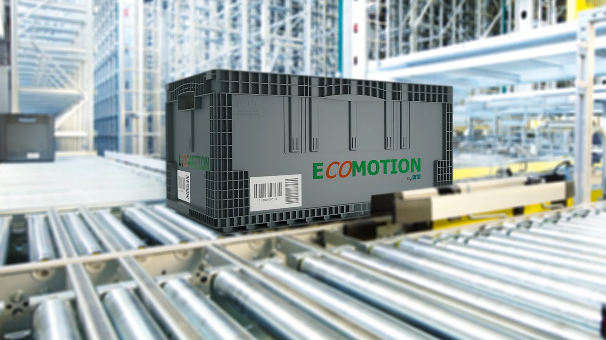 If your operation needs quieter, reliable, and more sustainable totes, Transport containers in a storage environment