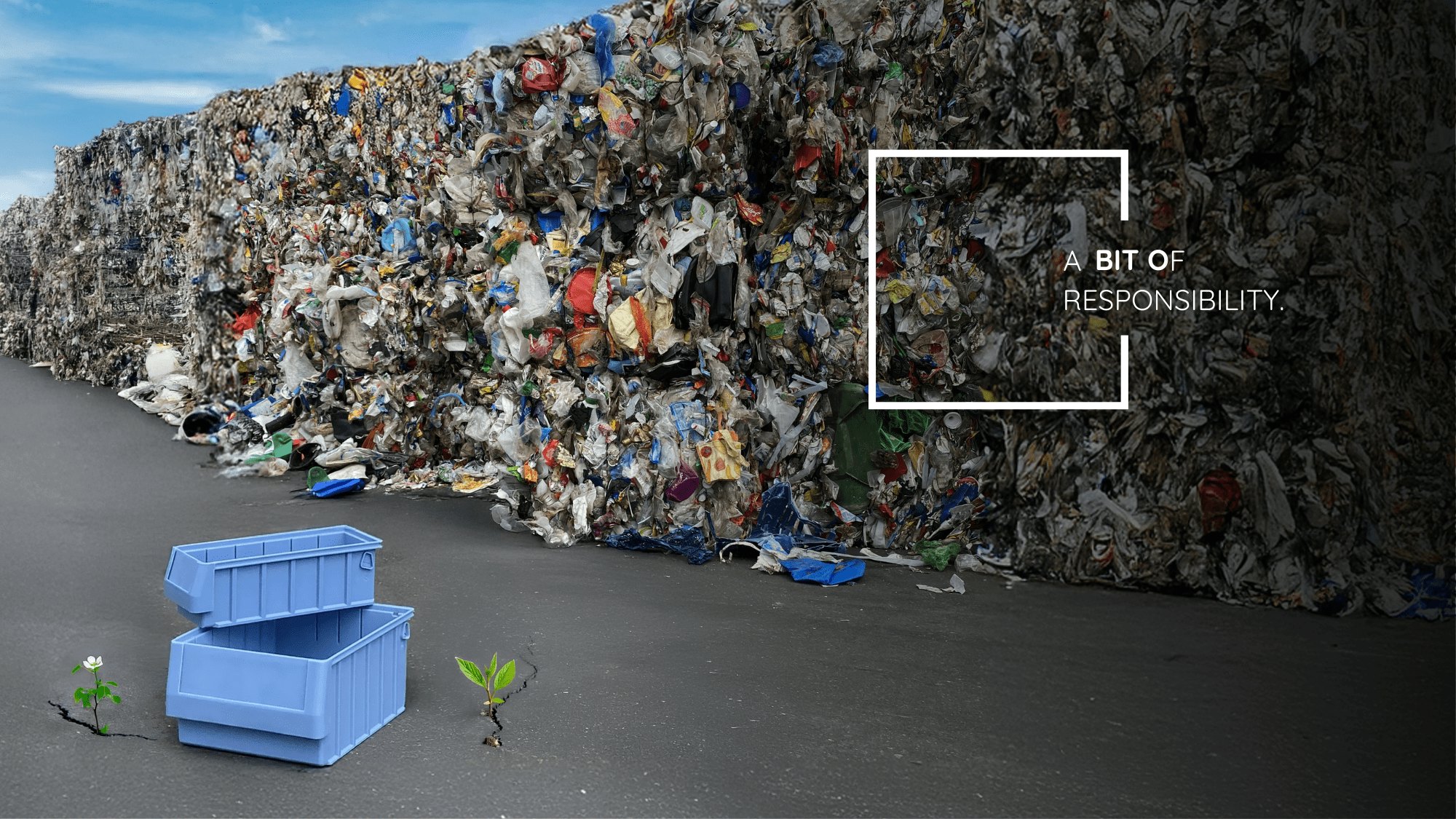 Recycling-Regalkasten vor einem Berg aus Abfall auf einem aufgerissenen Asphaltboden, durch den Pflanzen wachsen – Symbol für Nachhaltigkeit und neues Leben.