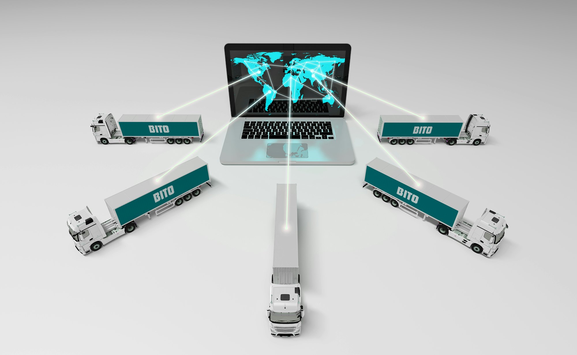 Darstellung der digitalen Vernetzung von Lkw mit einem zentralen Computersystem, das eine globale Karte zeigt