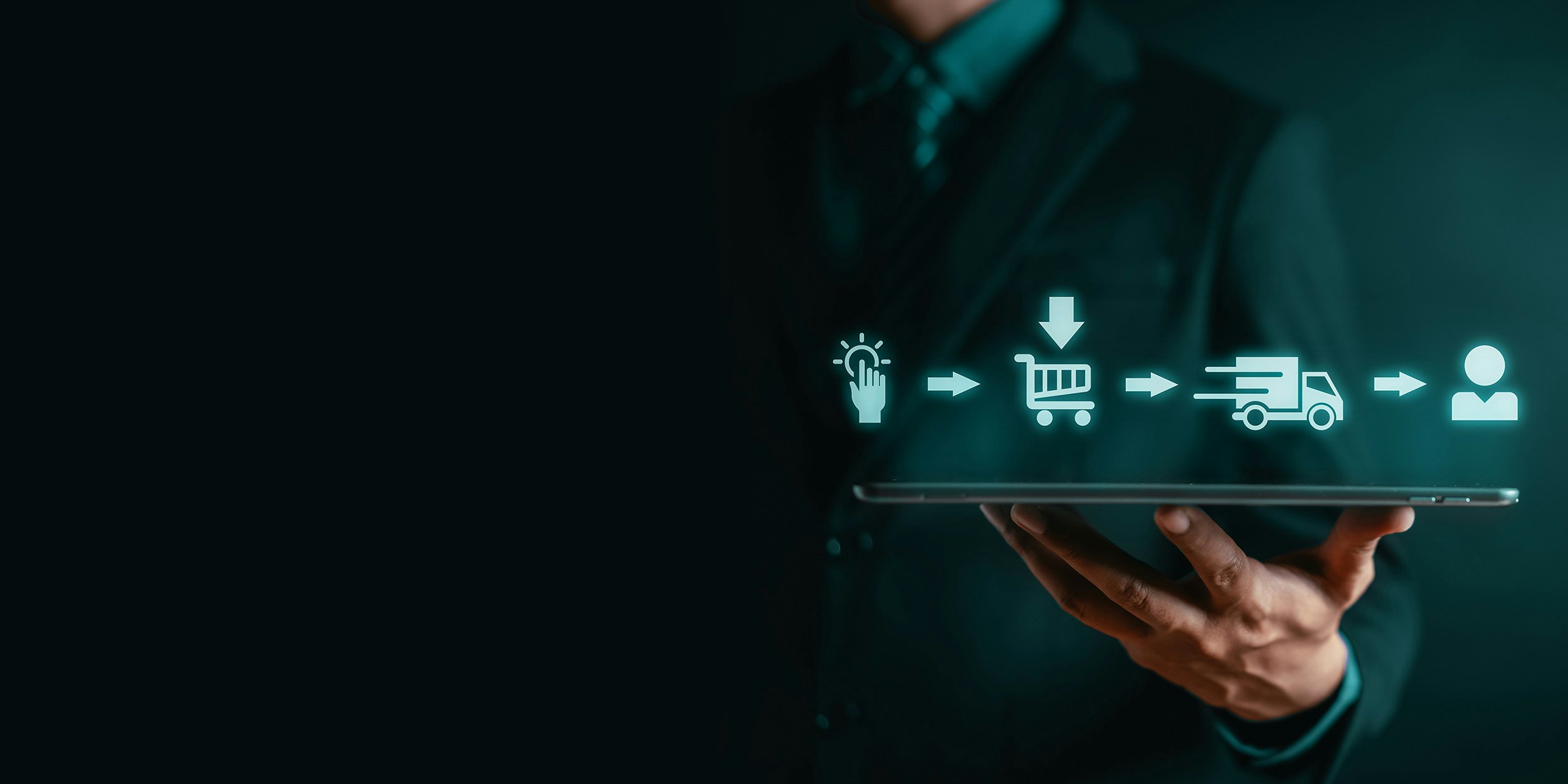 Konzeptbild eines Geschäftsmanns, der digitales Supply Chain Management betreibt, umgeben von digitalen Icons