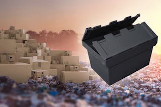 Ein großer Haufen von Kartons steht zum Entsorgen bereit. Wohingegen ein grauer BITO Behälter als Mehrweg Behälter repräsentiert wird