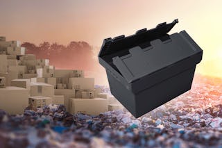 Ein großer Haufen von Kartons steht zum Entsorgen bereit. Wohingegen ein grauer BITO Behälter als Mehrweg Behälter repräsentiert wird