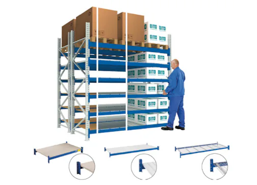 Drei Ausschnitte mit verschiedenen Böden für das BITO Palettenregal werden dargestellt.