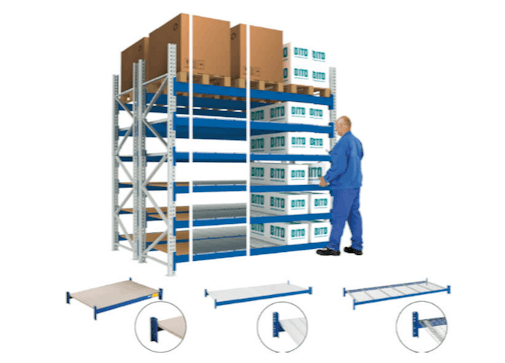 Drei Ausschnitte mit verschiedenen Böden für das BITO Palettenregal werden dargestellt.