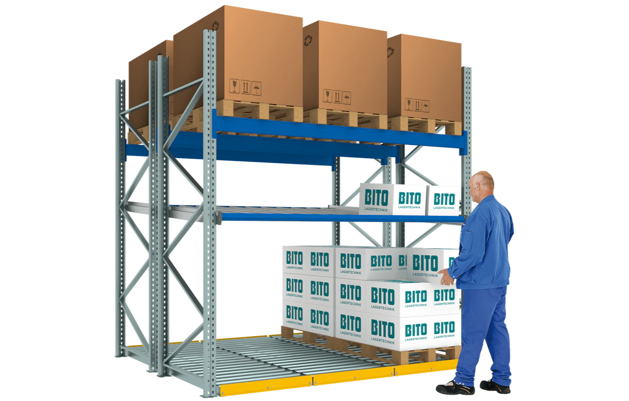 Ein Mann steht vor einem BITO Palettenregal.