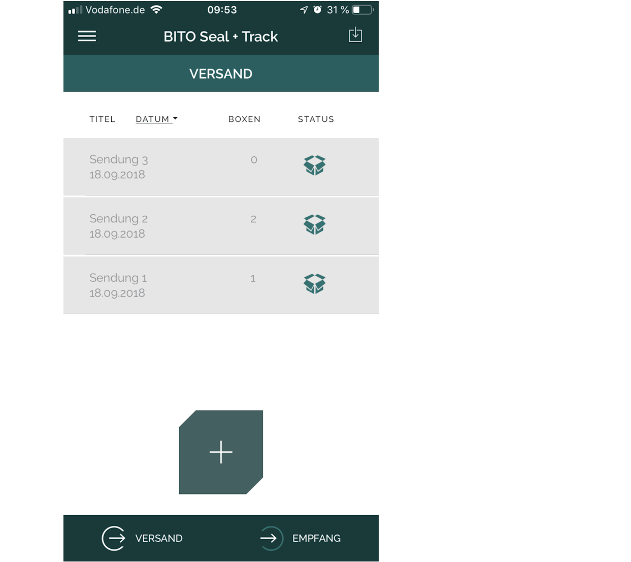 Anmeldeseite der Seal and Track App zur Behälterverfolgung
