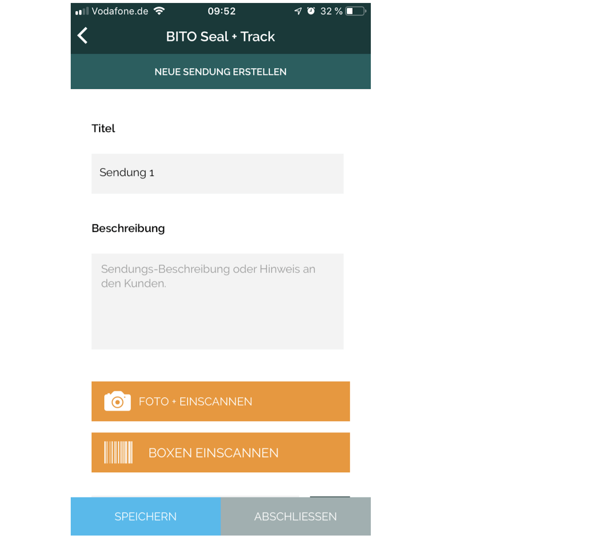 Login-Bildschirm der Seal and Track App zur sicheren Anmeldung