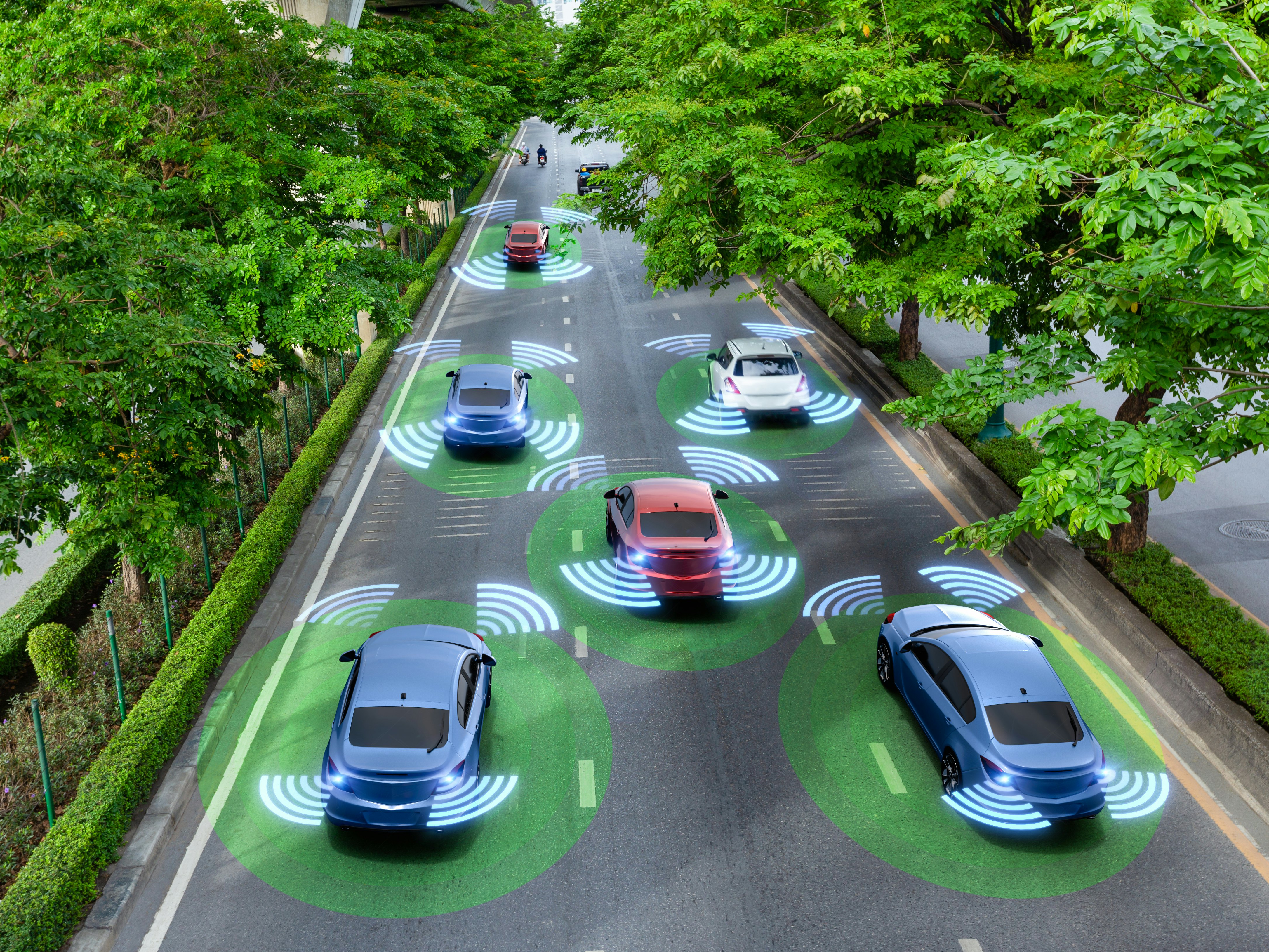 Conduite autonome Mehrere autonome Fahrzeuge fahren sicher auf einer grünen Straße