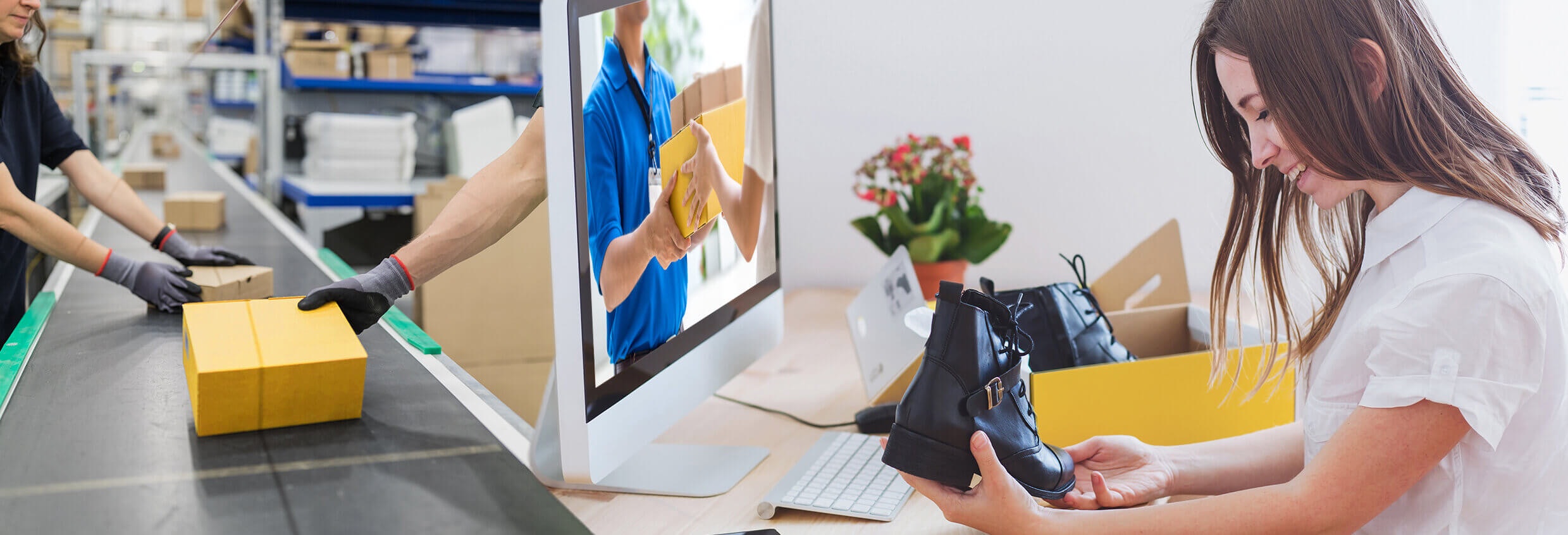 Bezpośrednia wysyłka do klientów z centrum dystrybucyjnego handlu elektronicznego Der Weg von der Lagerung bis zum Auspacken wird dargestellt. Zu Beginn ist ein BITO Regal zu sehen. Von der Lagerung dort werden die Pakete über ein Fließband zur Lieferung transportiert. Bis am Ende der Endverbraucher zufrieden mit seinem Produkt, in diesem Fall mit seinen Stiefeln, ist.