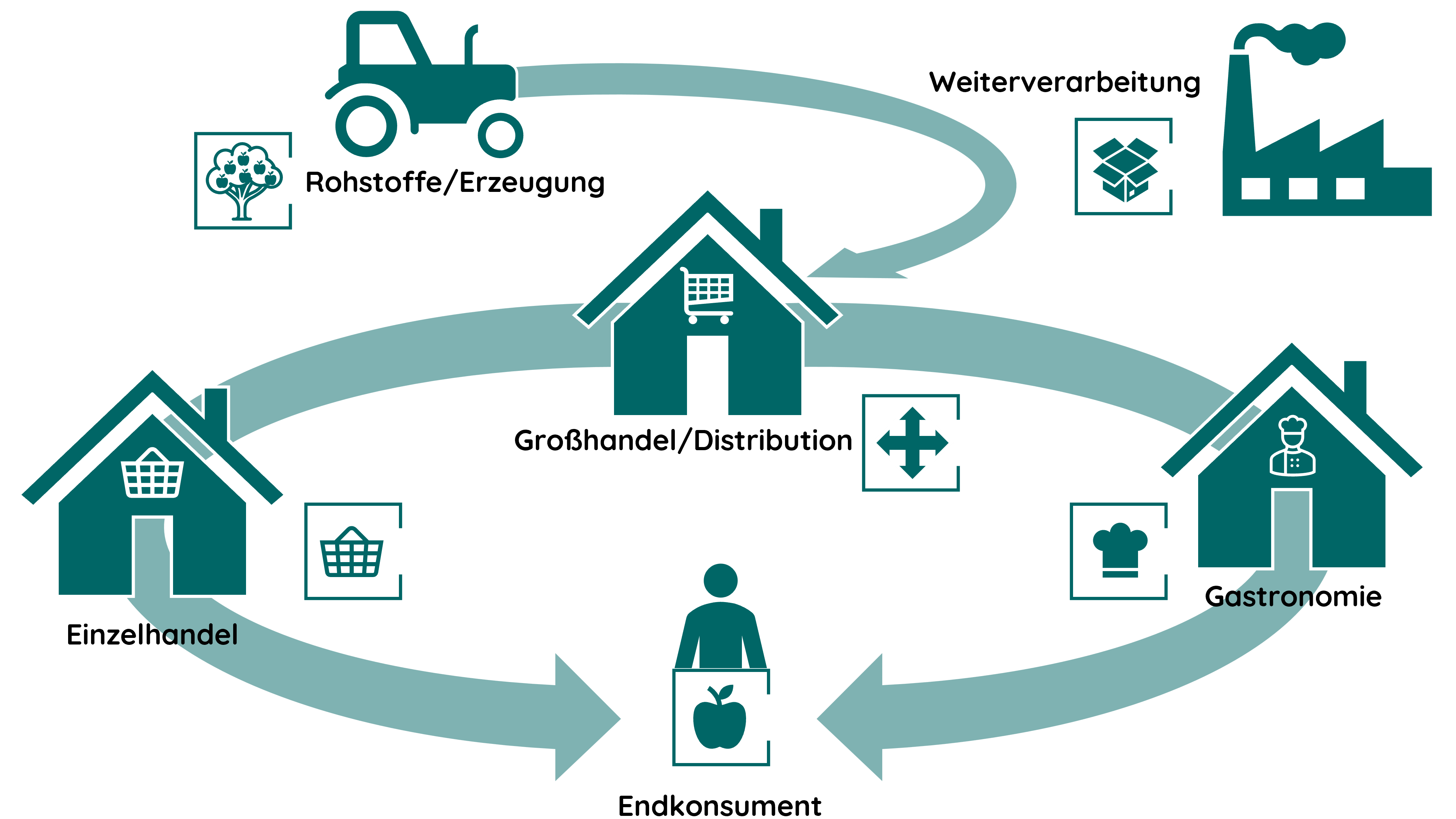 Eine Grafik des Lebensmittelkreislaufes. Zuerst werden Rohstoffe gebraucht. Diese werden dann in Fabriken weiterverarbeitet und zunächst an den Großhandel weitergegeben. Es findet eine Distribution an den Einzelhandel und die Gastronomie statt bis zuletzt der Endkonsument seine Produkte erhält.
