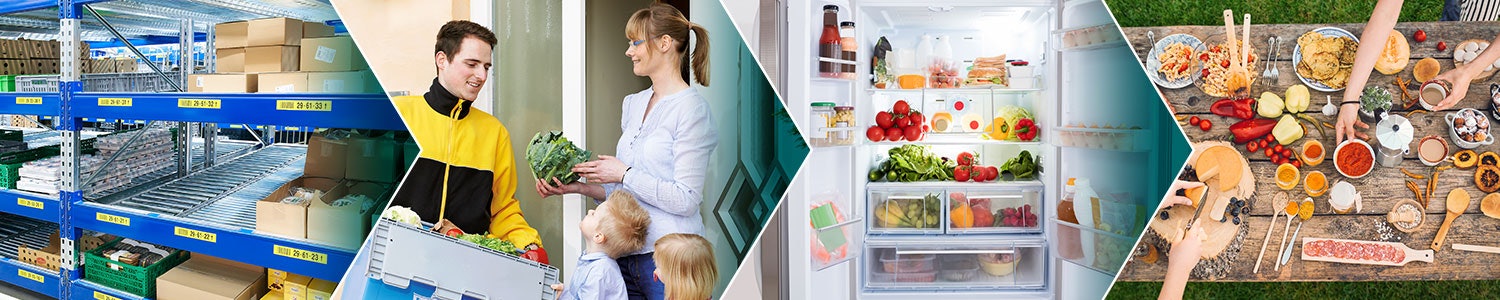 Der Weg der Lebensmittelindustrie wird dargestellt. Anfangs wird das frische Obst und Gemüse in BITO Regalen gelagert und in BITO Behältern geliefert, bis es schließlich in den jeweiligen Kühlschränken wiederzufinden ist. Dann werden die Lebensmittel in dem Foto für eine Gartenparty verwendet.