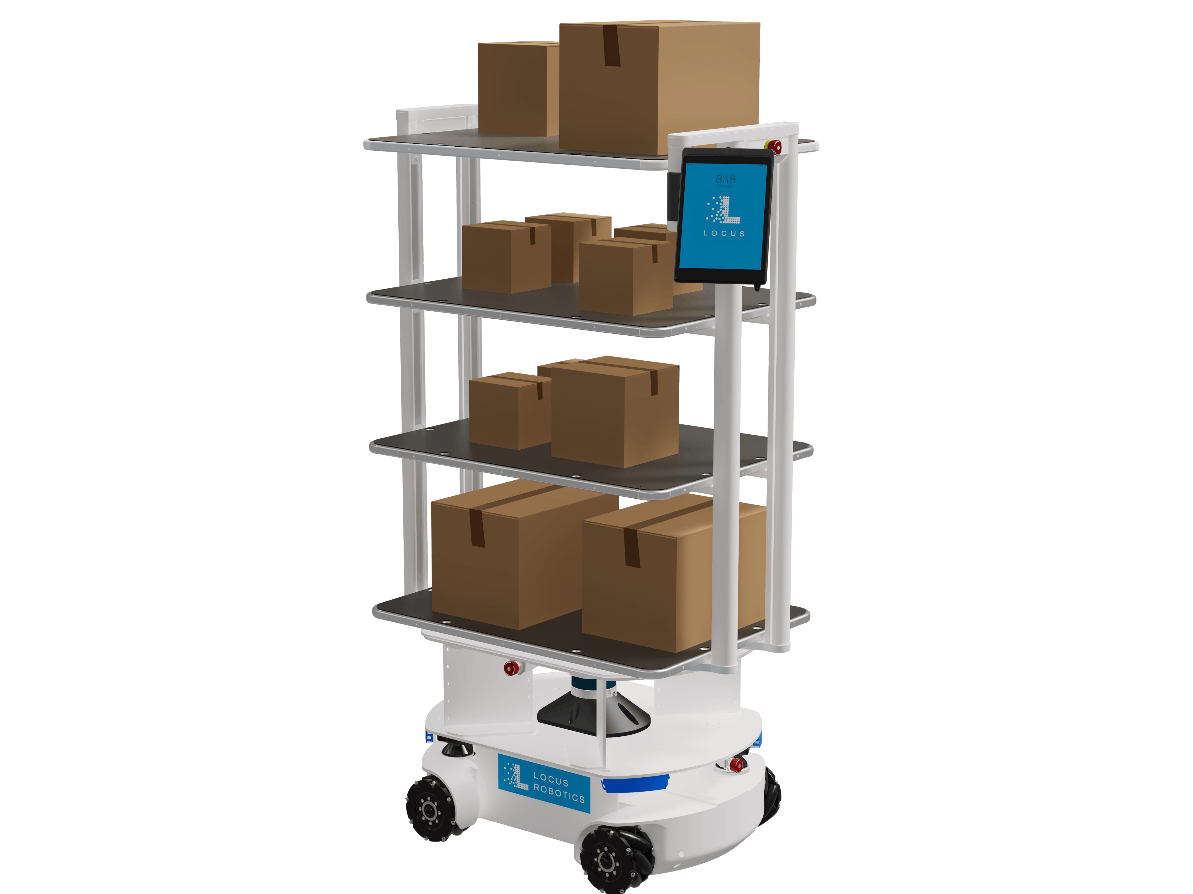 Ein Roboter der mit Paketen aller Größe auf vier Etagen beladen ist