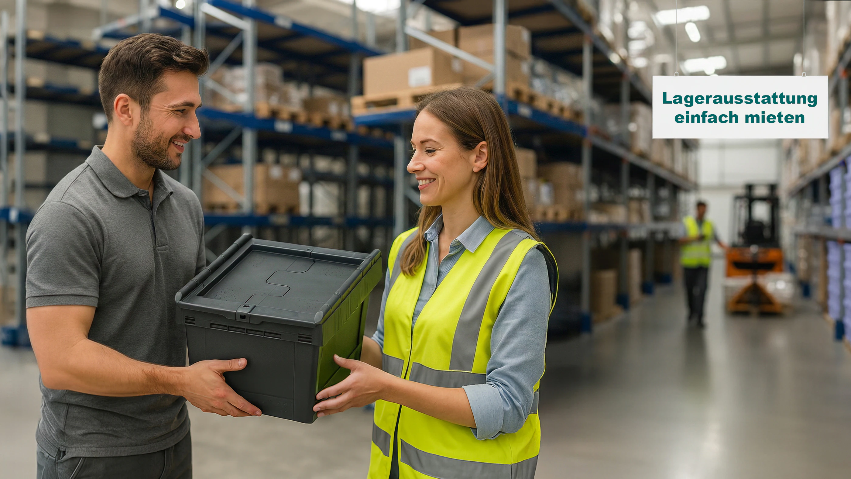 ein Mann übergibt einer Frau in einem Lager einen Behälter