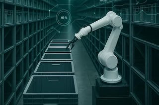 Een cobot pickt uit een rij magazijnbakken goederen.