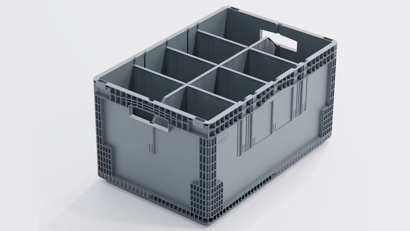 Foto van een BITO magazijnbak die speciaal ontworpen is voor gebruik in geautomatiseerde magazijnen.
