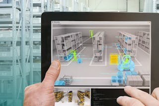 Hier zie je een digitale twin van een magazijn.