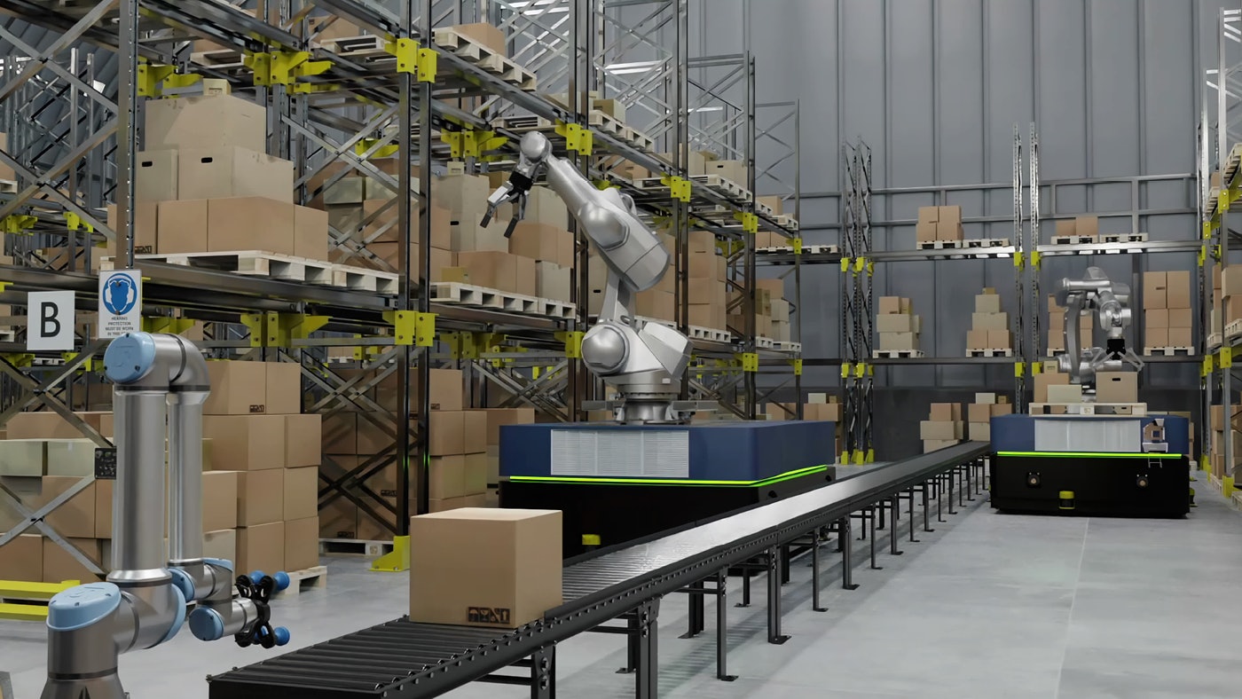 De foto toont een magazijn zonder mensen, robots en cobots picken de pakjes uit de magazijnrekken.