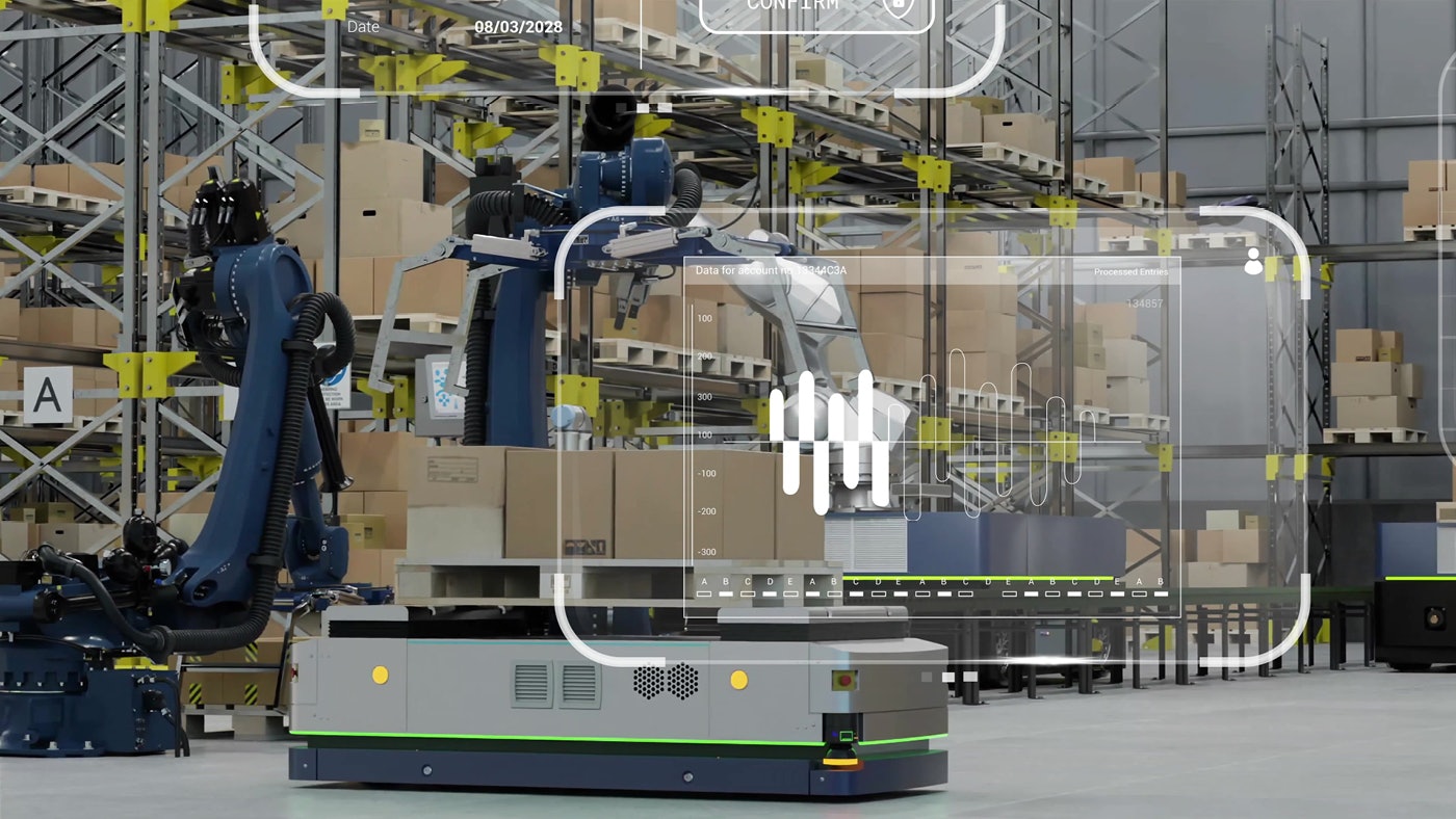 De foto toont een AMR robot voor pallets en grotere dozen.