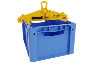 Blaue Kunststoffbox mit gelbem Hebezeug