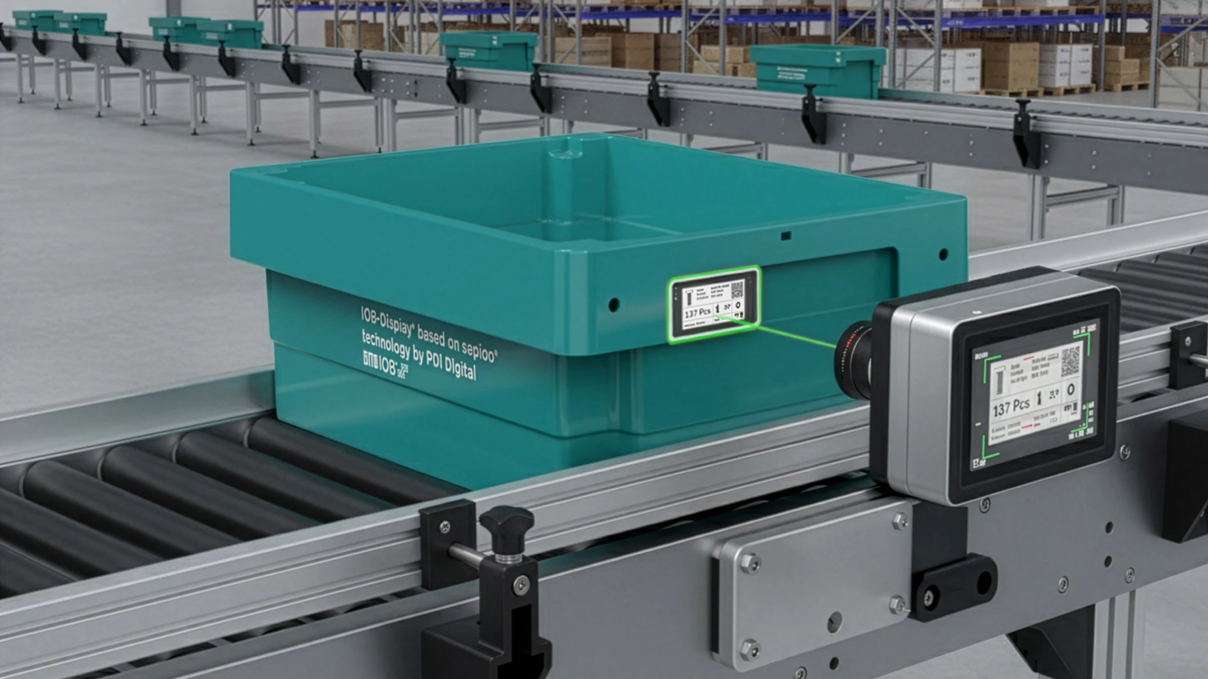 Grüne Lagerbox auf einem Förderband mit Scanner