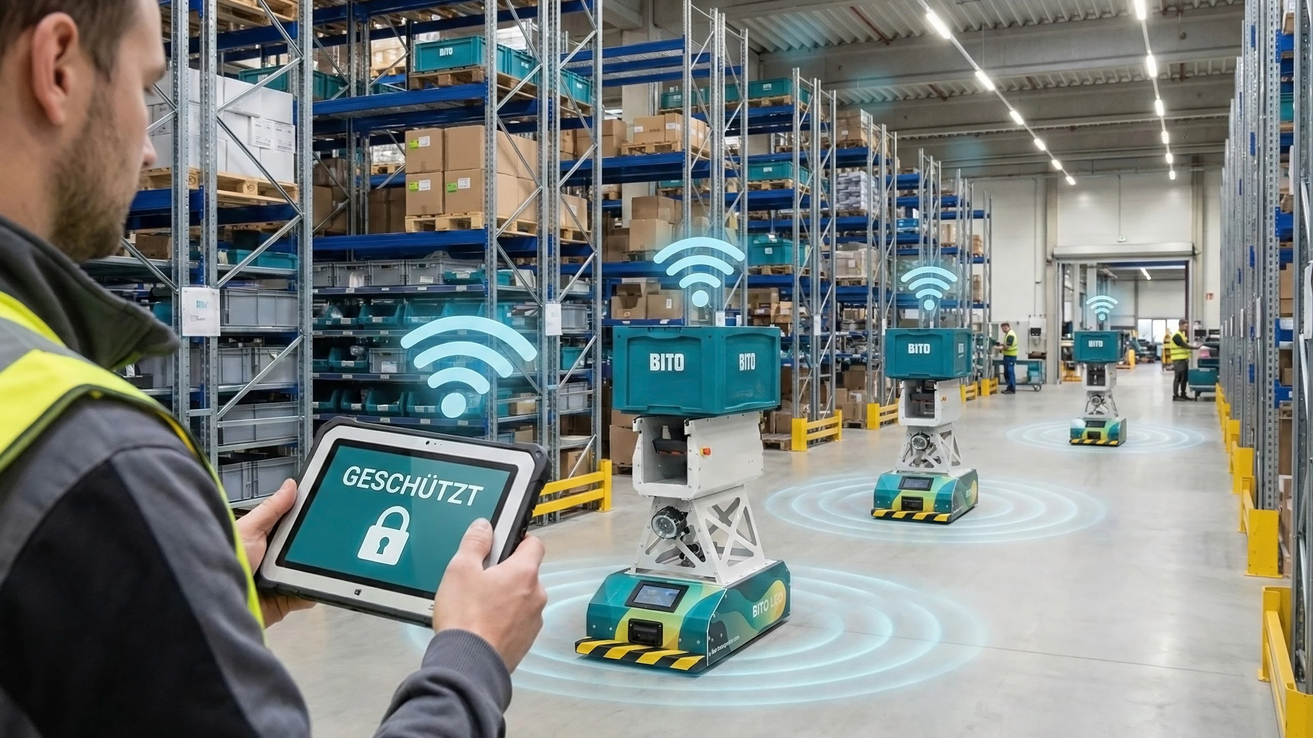 Mann steuert BITO-Roboter im Lager per Tablet.