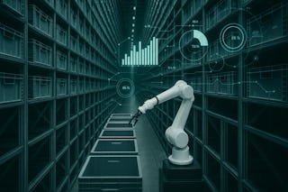 A robotic arm in an automated warehouse is sorting storage bins. Digital overlays show analytics data such as percentages and bar charts.