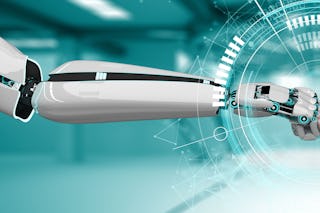 KI Bild von einem Roboterarm und einem Menschlichen Arm die sich die Fäuste geben