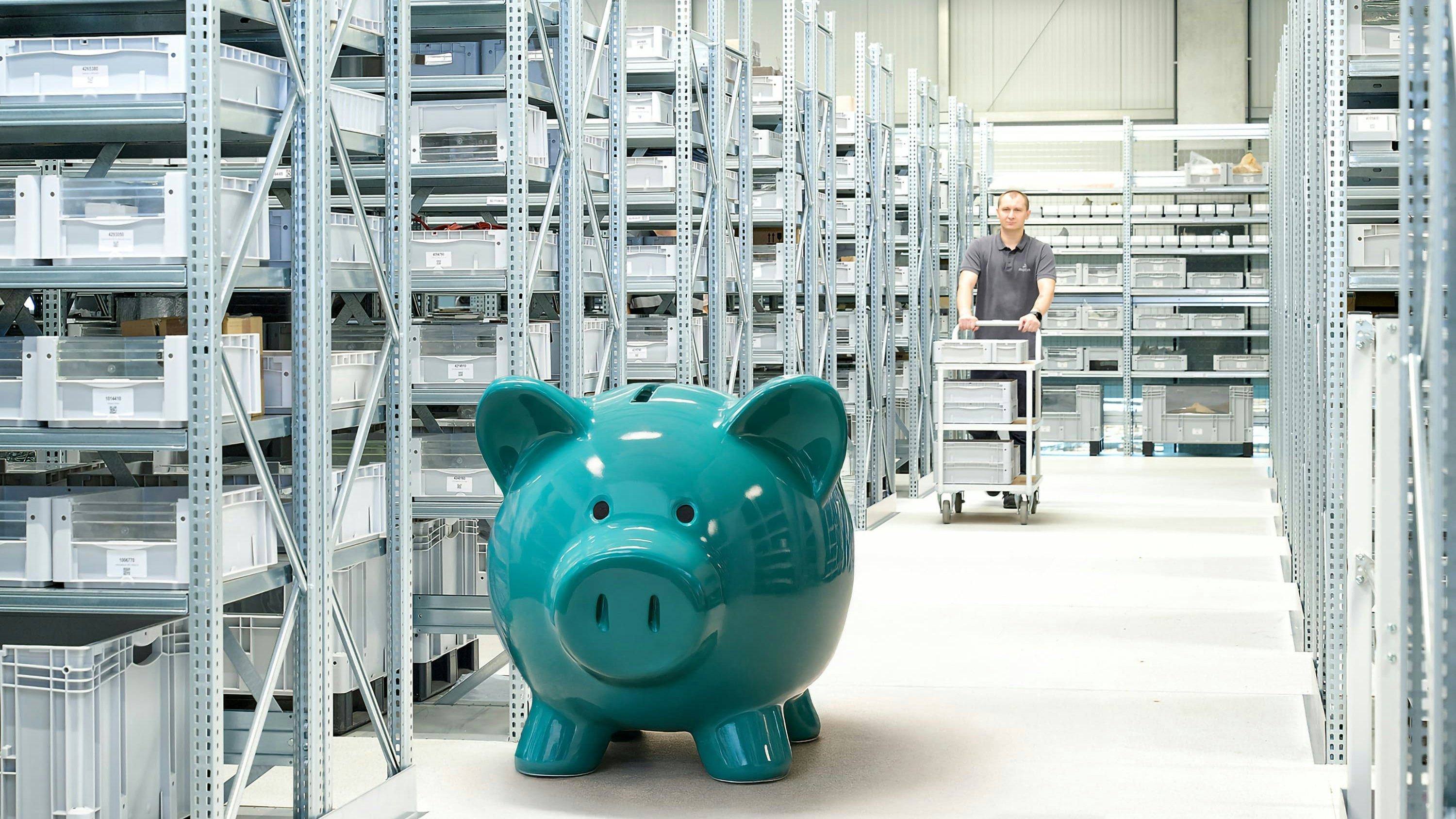 Ein grünes Sparschwein in einer Lagerhalle umgeben von Regalen und Behältern. Im Hintergrund ein Mann der einen Wagen mit Behältern schiebt.