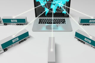 Laptop und LKW´s als Symbol zum Flottenmanagement