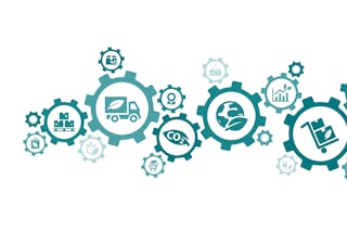 Ein Bild zum Thema Nachhaltiges Verpackungsmaterial. Mehrere ineinander greifende Zahnräder mit zum Thema passenden Bilder in ihrer Mitte