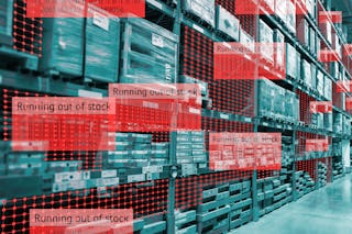 KI Bild über die Zukunft des Lagers. Zwei Palettenregale bei denen Digital, an leeren Plätzen, angezeigt wird das die entsprechende Ware nicht vorrätig ist