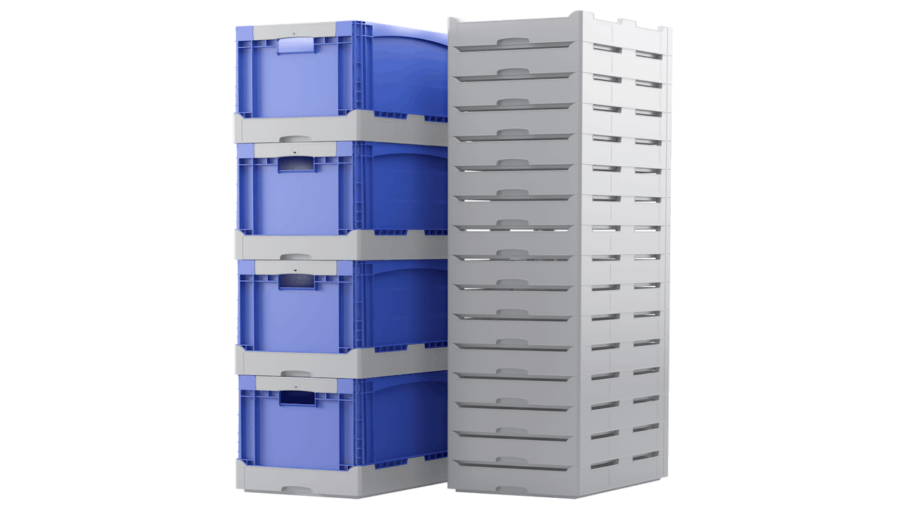 Klappboxen EQ Volumeneinsparung im Verhältnis 1:4 bei Lagerung und Transport der leeren Behälter