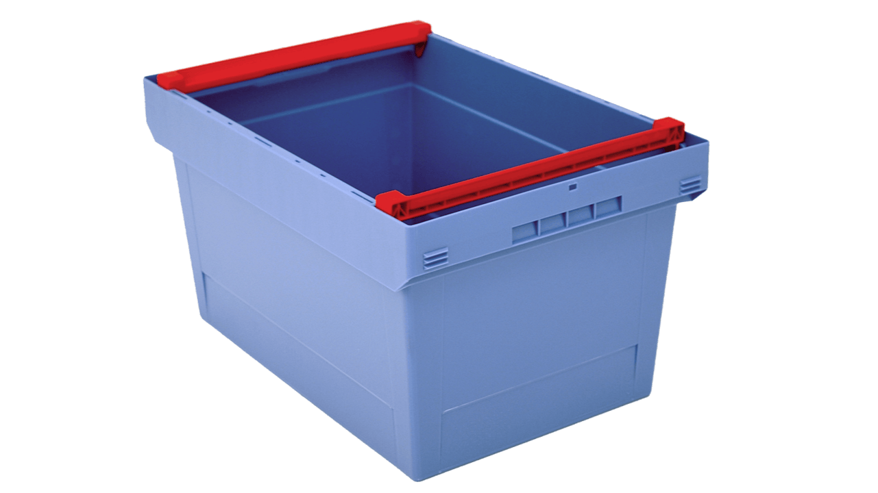 Mehrwegbehälter MB mit montierten, schwenkbaren Stapelbügeln