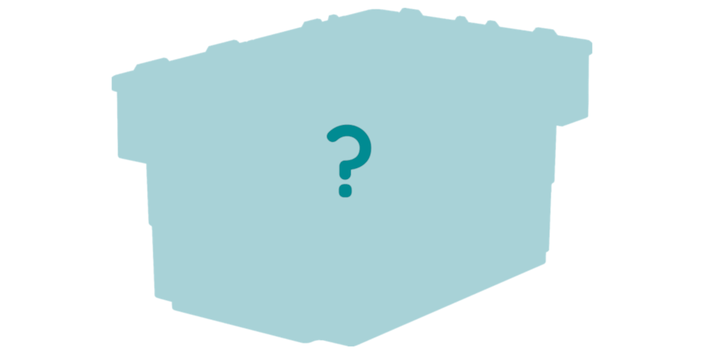 Der Umriss eines BITO Behälters mit einem große Fragezeichen in der Mitte.